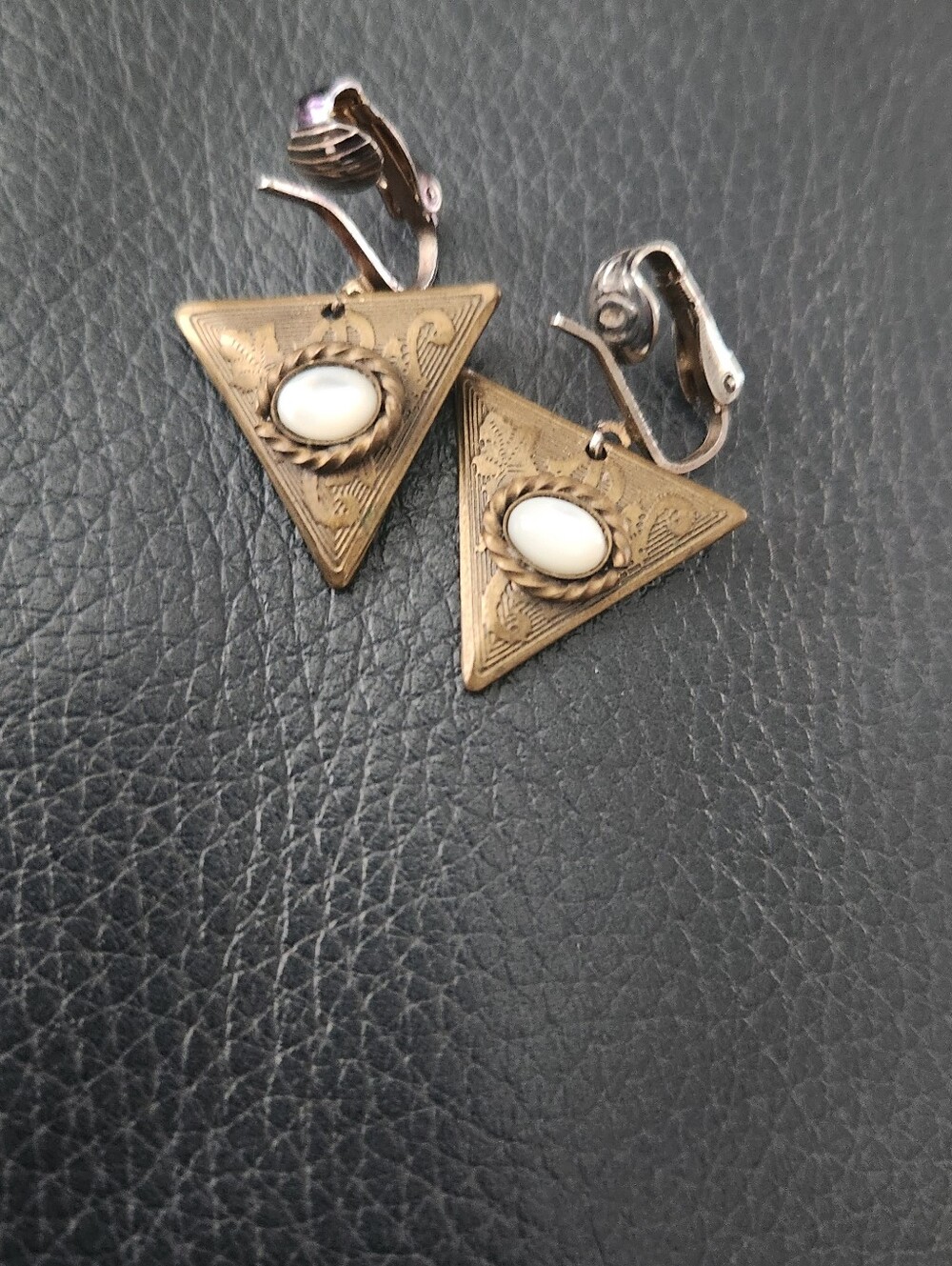 Brass Vintage  MOP Triangle Textured Clip On Earrings. 3/4"